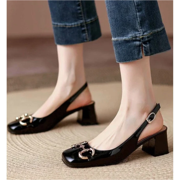 YOUTHJUNE Bit-Accent Patent Leather Slingback in Black with Gold Size 37 US‎ 6.5 - Picture 2 of 8